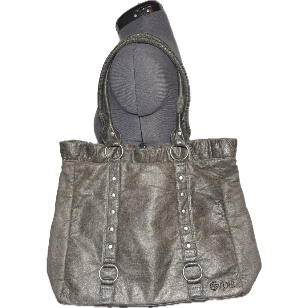 Vintage Y2K Split Slouchy‎ Hobo Tote Bag Gunmetal Gray Faux Leather Studded Boho